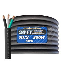 WindyNation 20 Feet 10/3 10 AWG SOOW SO Cable Cord Wire - 10 Gauge 3 Conductor 600V Portable Power Extension Cord Cable for EV Chargers, Motor Leads, Portable Lights, and Battery Chargers