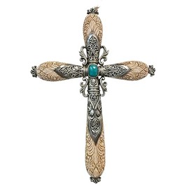 De Leon Collections 14227 Turquoise Tooled Flower Vintage Ornate Bone Color 11.8 Inch Polyresin Southwestern Decorative Home Décor Hanging Sculpture Wall Cross