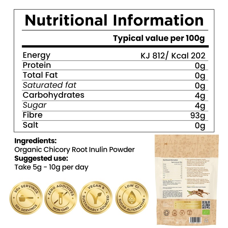 Organic Inulin Powder - 250g Prebiotic Fibre for Gut Health,