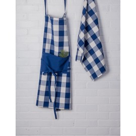 DII Cotton Adjustable Buffalo Check Plaid Apron with Pocket & Extra-Long Ties, 32 x 28, Men and Women Kitchen Apron for Cooking, Baking, Crafting, Gardening, BBQ-Navy Blue