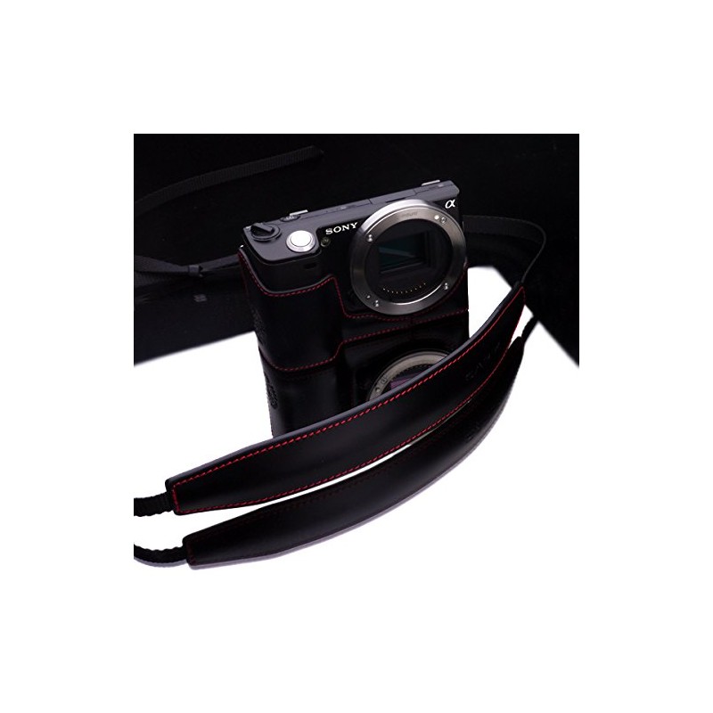 GARIZ 本革カメラネックストラップ XA-CHLSS2 ブラックレッドステッチ