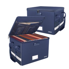 ENGPOW File Box with Lock, Fireproof Document Box with Pockets, Collapsible File Organizer Filing Storage Cabinet with Handle, Portable Home Office Safe for Hanging Letter/Legal Folders, Blue, 2 Pack