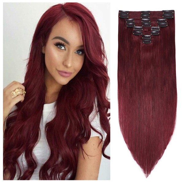 S-noilite Clip in Human Hair Extensions Burgundy 100% Real Remy Thick True Double Weft Full Head 8 Pieces 18 clips Straight silky (18 inch - 140g,Wine Red (#99J))