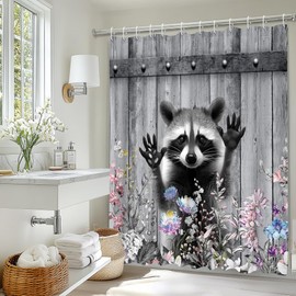 JEJOMEAG Rustic Raccoon Shower Curtain Funny Cute Animal Floral Farmhouse Barn Door Grey Fabric Bathroom Curtain with Hooks, 70Wx70H