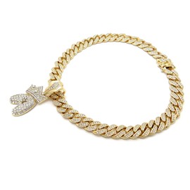 CBC Crown Mens Hip Hop Gold King Crown Alphabet Initial Bubble Letter Pendant 18"/20" Box Lock Miami Cuban Chain Necklace (Gold - 20" A)