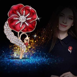 HMOOY Enamel Poppy Flower Brooch Pin Badge Women Men Gold Crystal Red Flower Legion Brooch Veterans Memorial Day Festival Unisex, Metal, Rhinestone