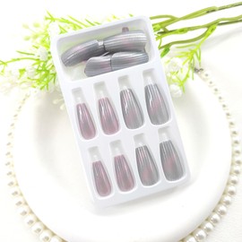 Coffin Press on Nails Medium Cat's Eye False Nails with Lines Glitter Design Pink Grey Gradient Coffin Glue on Nails Medium Nails Press ons Glossy Acrylic Artificial Fake Nails for Girls 24Pcs
