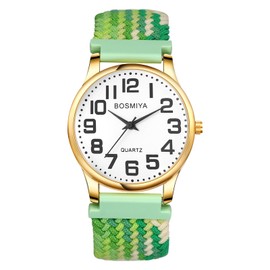 Oidea Braided Rope Elastic Strap Watch: Unisex Easy Reader Watch Large Face Big Number Analog Quartz Wrist Watch Business Casual Green Expansion Band Wristwatch, Gold Dial, L
