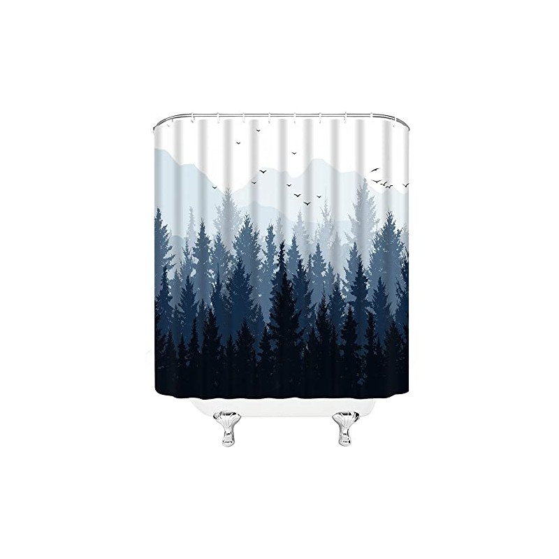 Misty Forest Shower Curtain Blue Mountain Pine Tree Jungle Birds