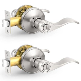 Probrico Interior Brushed Nickel Door Handle, Wave Style Privacy Door Handles, Keyless Door Levers Lockset for Bedroom and Bathroom (2 Pack, Modern)