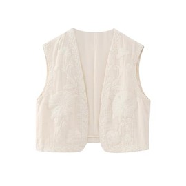 hathne Women's Floral Embroidered Vest Boho Vintage Sleeveless Open Front Cardigan Shirt Vests Waistcoat(White,XS)