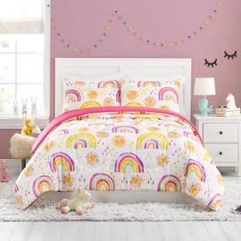 URBAN PLAYGROUND Rainbow and Suns 2-Piece Comforter Set, Ultra Soft All Season Print Bedding, Matching Sham, Twin/Twin XL, Pink/Purple
