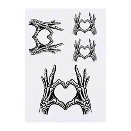 4 x 'Skeleton Hands Heart Sign' Temporary Tattoos - Water Resistant, Skin-Safe, Non-Toxic Transfers, Mixed Sizes (TO00075516)