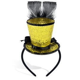 Bniksok Mini Top Hat on Headband Gold Sequin with Black Feathers