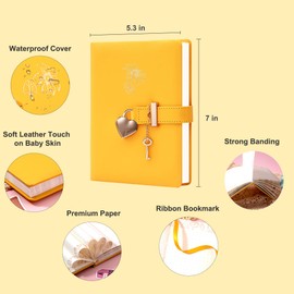 CAGIE Diary with Lock and Key for Girls Heart Shaped Lock Diary for Women PU Leather Kids Journal Secret Notebook with Lock for Travel Cute Diary for Gifts, 5.3 x 7 inches, Yellow