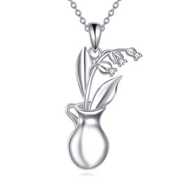 VONALA Lily of the Valley 925 Sterling Silver Necklace Dainty Birth Flower Charms Pendant Jewellery Gift for Women Birthday Christmas, Sterling Silver, No Gemstone