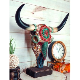 Large Rustic Western Bull Cow Skull With Turquoise Red Rocks Desktop Figurine