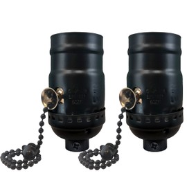Royal Designs, Inc. Pull Chain Lamp Socket for Incandescent or LED Bulbs, 6" Matching Chain, Black Finish, Set of 2