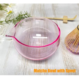 LamChyar Matcha Bowl with Spout, Matcha Whisk Holder, Glass Matcha Bowl and Whisk Holder Set, Exquisite Matcha Set for Tea Ceremony(Pink)