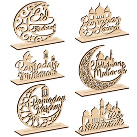 Hoolerry 6 Pcs Eid Mubarak Party Decoration Hollow Ramadan Table Centerpieces Moon Star Ramadan Wood Letters Ramadan Wooden Plaque Ornament for Eid Mubarak Ramadan Home Room Decor Craft (Wood Color)