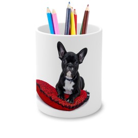 Fabulous Stifteköcher aus Keramik – Französische Bulldogge, schwarz und weiß, kleiner Hund auf Kissen, Rot und Schwarz, niedliche Tiere – 325 ml