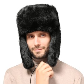 Qchomee Faux Fur Aviator Hat Winter Hat Earflap Trapper Hat Winter Warm Bomber Hat Trapper Hat Russian Ski Hat for Men Skating One Size Black, black