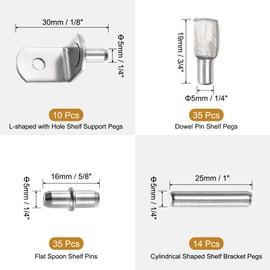 sourcing map 94Pcs 5mm Shelf Support Pegs Kit, 4 Styles Shelves Holder Pins, L-Shaped with Hole Pegs, Dowel Pin Shelf Pegs, Flat Spoon Shelf Pins, Cylindrical Shaped Shelf Bracket Pegs