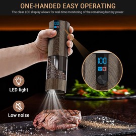 Minpenlay Electric Salt and Pepper Grinder Set Rechargeable with LED Display, Adjustable Coarseness, 120ml Container Automatic Pepper and Salt Grinder for Kitchen, Restaurant (Wood Grain)