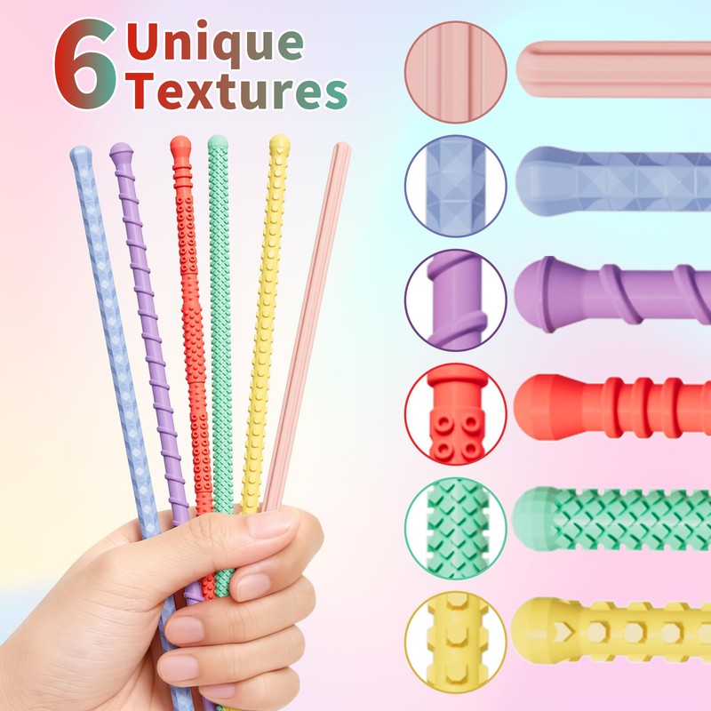 Silicone Sensory Fidget Sticks, 6 Textures, Reinforced Ends, 6-Pack