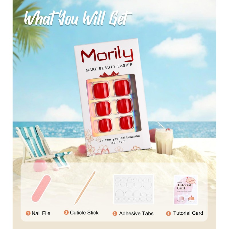 Morily Red Press on Toenails Short Square, Glossy Fake Toe