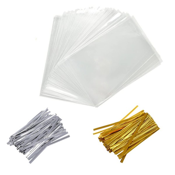 Miraclekoo 400 PCS Cellophane Treat Bags 4x6 Inch Christmas Gift Bag Clear Cello Treat Bags with 400 Twist Ties for Wedding Cookie Gift Candy Bakery Supply,1.4mil