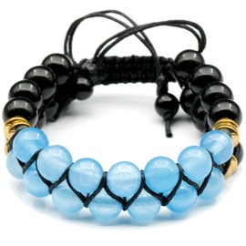 ElisaJewelryArt - Natural Black Onyx And Angelite Beaded Bracelet Genuine Gemstone Calming Stone Crystal Macrame Bracelet Unisex Bracelet (MEN, Angelite)