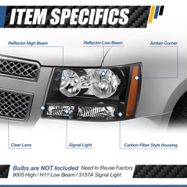 Auto Dynasty Carbon Fiber Pattern Headlights Assembly Compatible with 2007-2014 Chevy Tahoe Avalanche Suburban 1500 2500, Headlamps with Parking Light, Driver and Passenger Side, Amber Corner