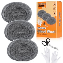 SelfTek Steel Wool Mice, 3 Pack Wire Wool Mice 50ft/15 Meter Ultra Fine Steel Wool Mice Blocker for Rodent Control, Cleaning, Polishing with Work Gloves and Scissors(5m/roll)