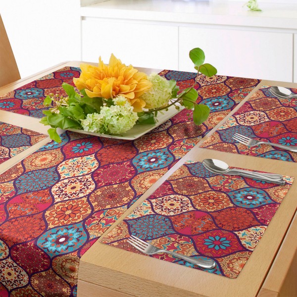 ABAKUHAUS Moroccan Table Runner & 4 Piece Placemats, Oriental Wavy