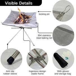 BeGrit Portable Fire Pit for Camping, 16.5" Wood Burning Fire Pits for Outside, 304 Stainless Steel Mesh Outdoor Firepit for BBQ, Bonfire, Backyard, Garden, Patio (with Carrying Bag & Gloves)