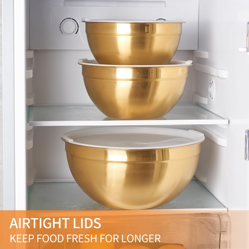 Moxinox Gold Mixing Bowls with Airtight Lids, Stainless Steel Nesting