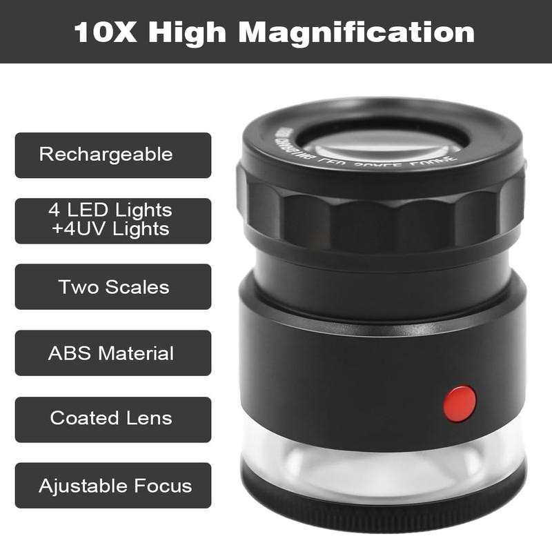 10x Loupe Magnifier Rechargeable Jewelers Loupe with UV and LED