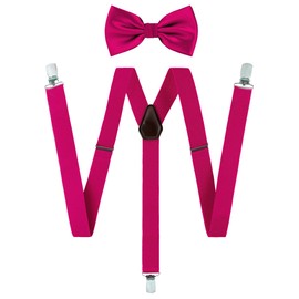 TIE G Solid Color Men's Suspender + Woven Bow Tie Set for Wedding : Vivid Color, Adjustable Brace, Strong Clip, Elastic Band (Fuchsia Pink)