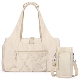 Outplea 20L Gym Bag with Water Bottle Bag for Women, Lightweight Sports Duffel Bags with Shoe Compartment for Yoga, Small Travel Duffel Bags, Beige