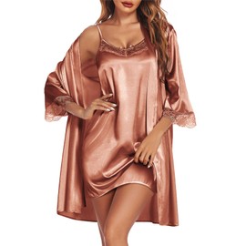 Ekouaer Sleepwear Women's Satin Nightgown with Robes Set 2 Piece Sexy Lace Cami Nightwear Brown L