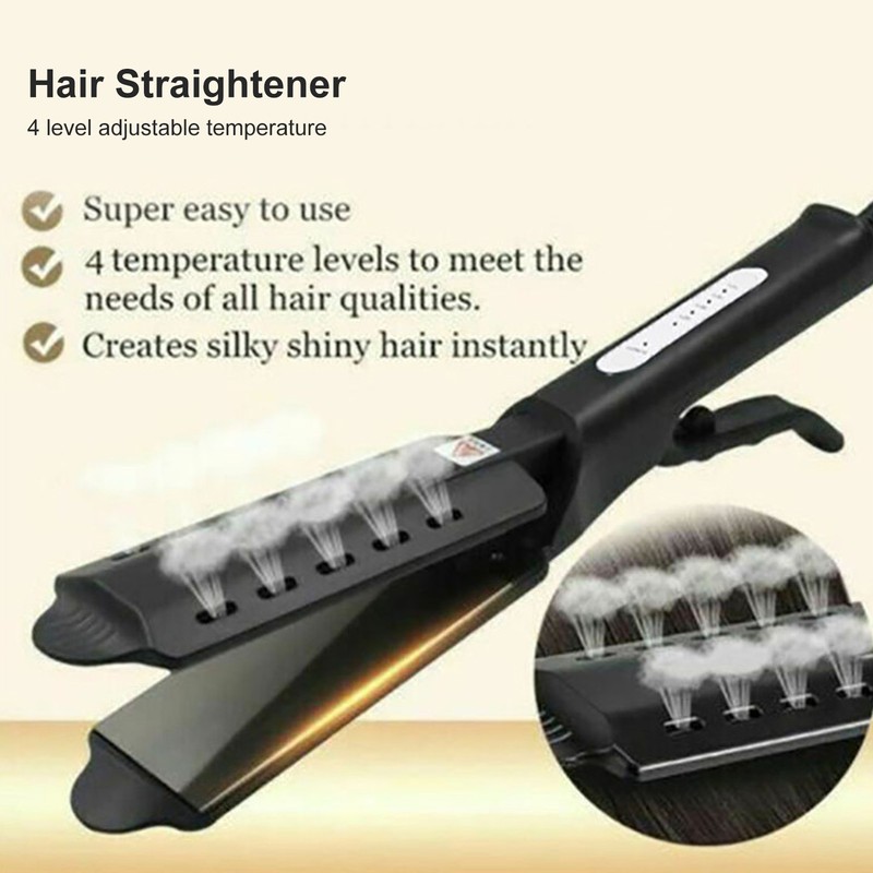 Hair Straightener Wide Steam Flat 4 Level Adjustable Temperature Black