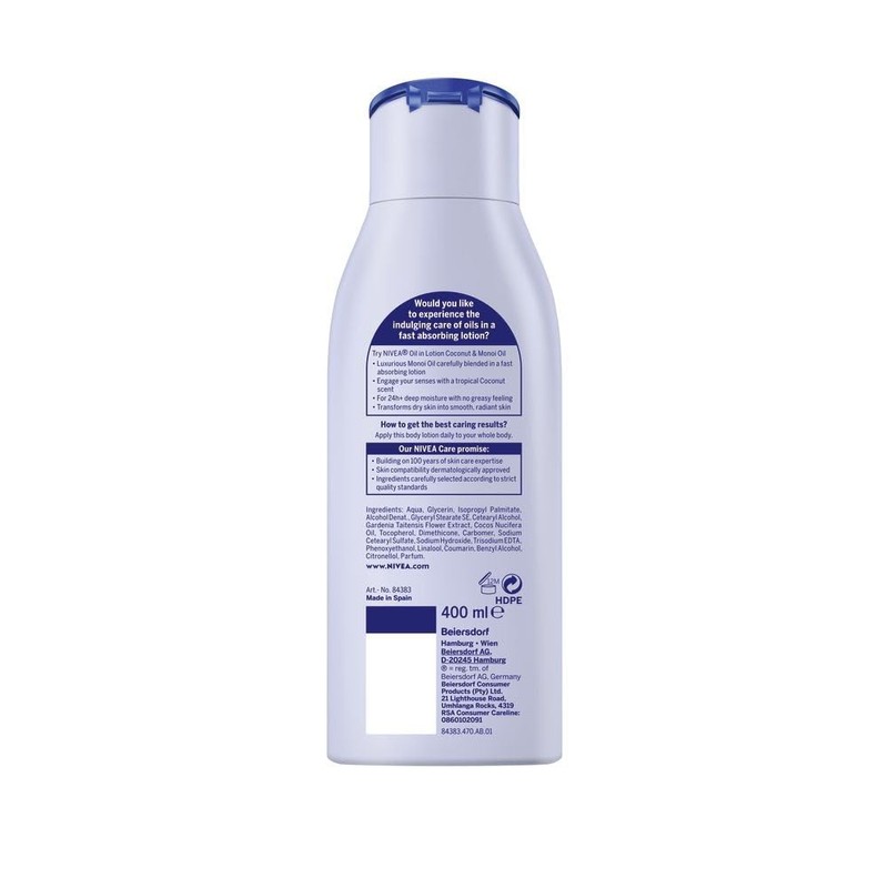NIVEA Oil in Lotion, Coconut and Monoi Oil, 400ml, 24h