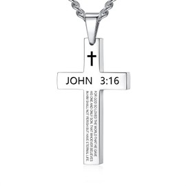 REVEMCN Inspirational Bible Verse Cross Necklace for Men Boys, Stainless Steel Plain Black Silver Cross Pendant Necklace for Men 20-24 Inches Curb Chain Faith Jewelry Gift (John 3:16 - Silver, 24)