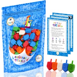 Hanukkah Dreidels Multicolor Plastic Chanuka Draydels with English Transliteration, Includes Dreidel Game Instruction Cards (25-Pack)