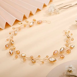 Teyglen-Enredadera para el cabello de novia, color champán, diadema larga de cristal con diamantes de imitación hecha a mano, accesorios para el cabello para mujeres y niñas, tocados vintage para fies