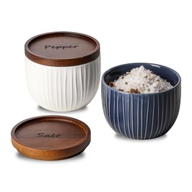 Adewnest Salt and Pepper Bowls : 10 oz Ceramic Salt Cellar with Lid - Stacked Salt Box for Countertop - Spice/Seasoning Storage Containers - Vertical Stripe Embossing, Navy & White, Wooden Lid