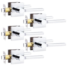 Probrico Square Polished Chrome Passage Door Handle Heavy Duty Keyless Door Lever Lock for Hallway Closet Interior Door Knobs Lockset Slim Handed Levers, 5 Pack