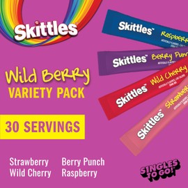 Skittles Singles To Go Wild Berry Variety Pack, Watertok Powdered Drink Mix, Zero Sugar, Low Calorie, Includes 4 Wild Berry Flavors, 1 Box (30 Single Servings)