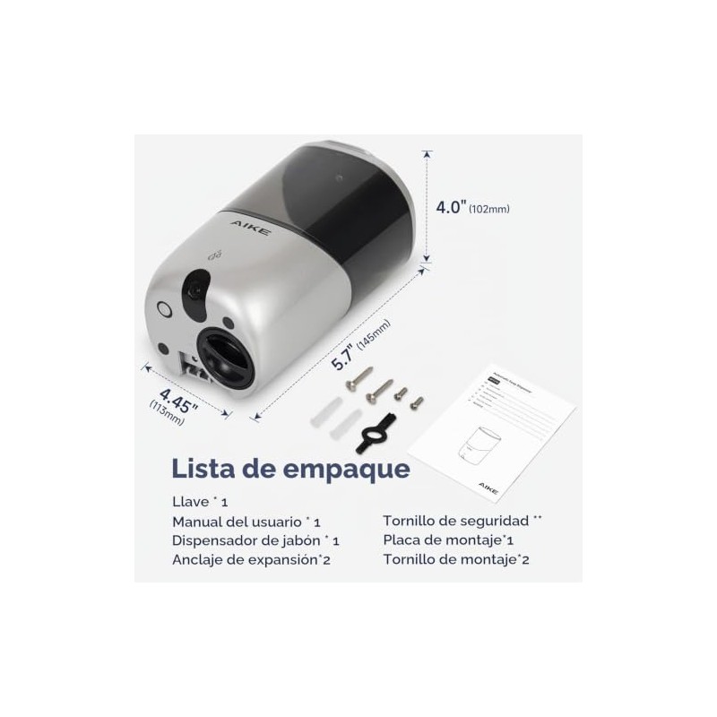 AIKE Dispensador de jabón automático líquido para montaje en pared,